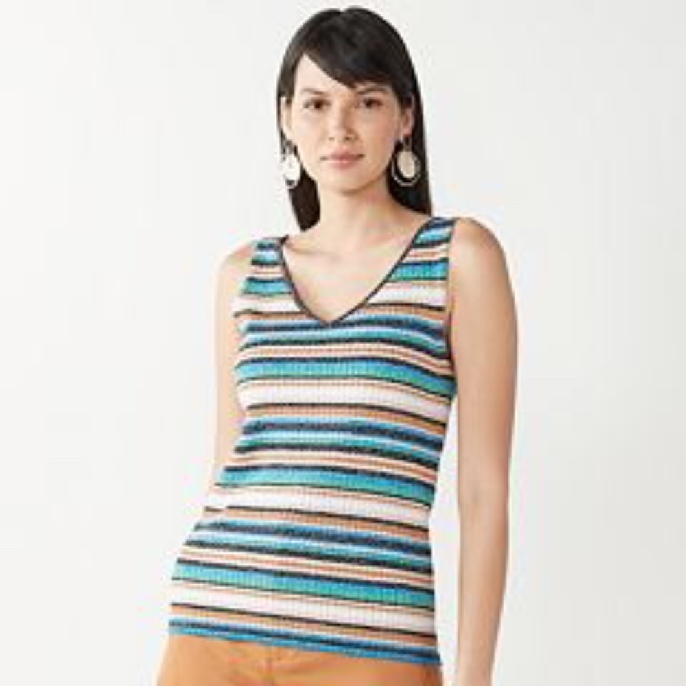 NINE WEST Sleeveless Multicolor Metallic Striped V-neck Sweater Medium NEW